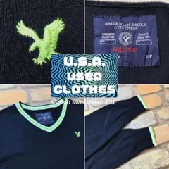 ME8-154☀️USA古着★正規品 ネイビー×ネオングリーン セーター★海外S