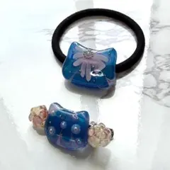 レジン ヘアゴム ハンドメイド 猫 花火 ブルー 推し活 夏祭り ライブ