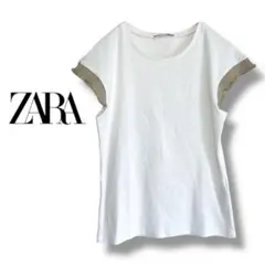 【ザラ】カットソー　ラメ　プリーツ　半袖　薄手　コットン混　ホワイト　シンプル