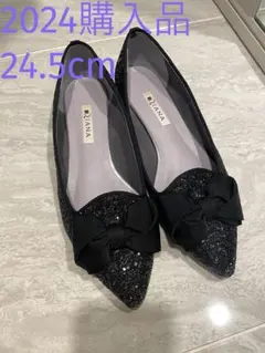 DIANA ブラック グリッターとリボンのフラットシューズ パンプス24.5cm