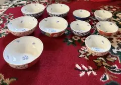 有田焼]昭和レトロ 金彩飯碗 9客セット 緑花柄 藍色 希少刻印有 モダン