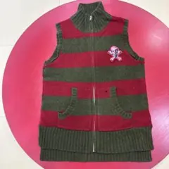 HERE THERE スカルワッペン ボーダー柄 ジップアップニットベスト