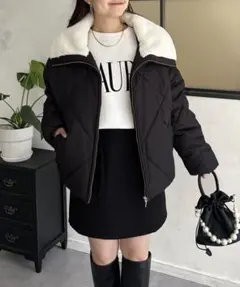 フリース襟 キルティングジャケット 黒