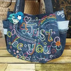 刺繍デニムバック　No.673　デニムリメイク　スマイリー　刺繍バック