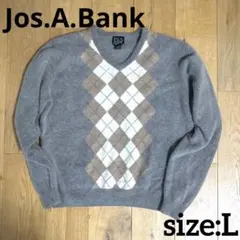 Jos.A.Bank ラムウール Vネックセーター 短丈 Lグレー アーガイル