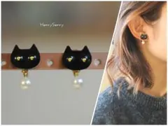 黒猫ちゃん＊レジンピアス　パール付き