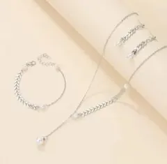 リーフ＆パール シルバー　ネックレス　ピアス　ブレスレット　3点　セット