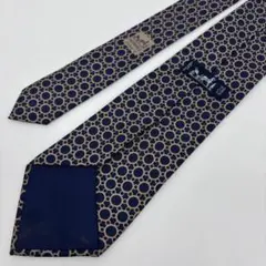 極美品✨ エルメス ネクタイ 円形 総柄 ネイビー シルバー SILK 100%