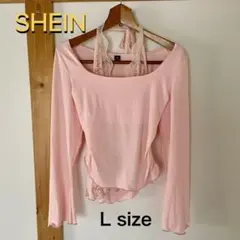 SHEIN レース装飾 長袖 ピンク 襟元リボン アシンメトリー ギャザー