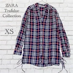 ZARA ザラ チェック シャツワンピース ネイビー レッド サイドリボン XS