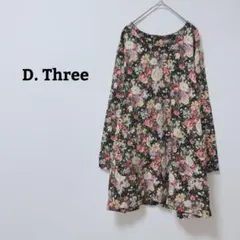 ディスリー　チュニック　花柄　ボタニカル　総柄　Uネック　長袖　ポケット　フレア