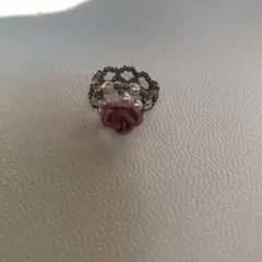 ハンドメイド ビーズ　ピンクバラのリング