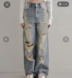 chico【0サイズ】ダメージワイドデニムパンツ