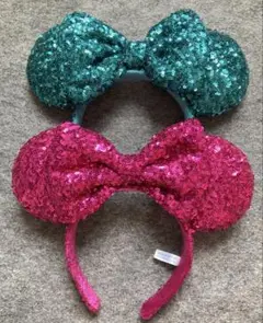 ディズニー　カチューシャ　スパンコール　ピンク　緑　グリーン　リボン　セット