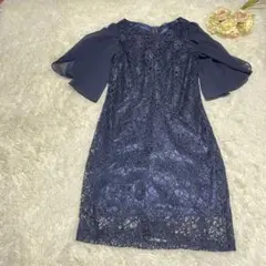 シフォン　レース　上品　紺色　膝丈ワンピース　Aライン　フォーマル　結婚式
