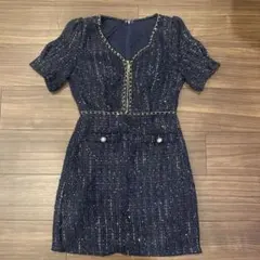 dazzystore フロントジップスパンコールラメツイード半袖タイトミニドレス