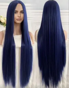○【ネイビー】ストレート ロング ウィッグ コスプレ 80cm 青 紺色 b