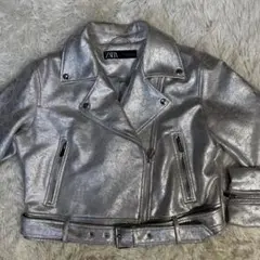 ZARA ザラ フェイクレザー ライダースジャケット シルバー usaLサイズ