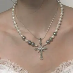 クロスモチーフネックレス 模造パール 合金 レディース