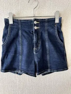 one way/ダークデニム ショートパンツ ダブルボタン ストレッチ M