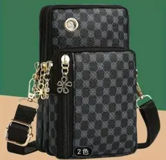 ​【新品】スマホポーチ モノグラム ショルダー 3層収納 イヤホン穴付 グレー