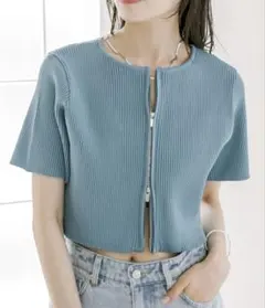 半袖　ダブルジップニット　ブルー　mystic