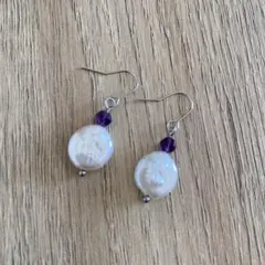 天然石アメジストと淡水コインパールのピアス