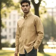 イタリア製　イエローベージュ 長袖　ボタンダウンシャツ Mサイズ