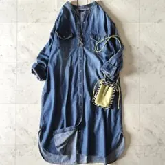 美品＊アーバンリサーチ バンドカラーデニムシャツワンピース F 長袖 洗える
