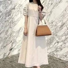 アニュアンス サテンパイピング パフスリーブ ロングワンピース アイボリー