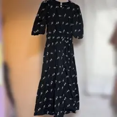 ZARA 黒 花柄 刺繍パフスリーブロングワンピース 半袖