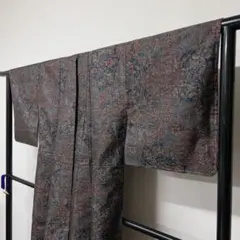 小紋　唐花模様　菱形模様　亀甲　ワインレッド裏地　着物　013t