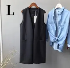 新品 ロングジレ テーラード ベスト レディース ロングベスト 黒 卒業式
