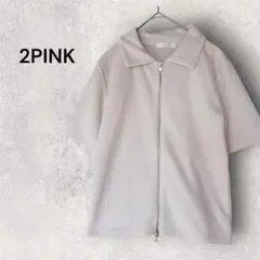 2PINK 더블 지퍼 폴로 셔츠 M 베이지 반소매 리브 탑