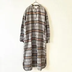 無印良品　両面起毛 フランネル 長袖 シャツワンピース　グレー系チェック柄　S