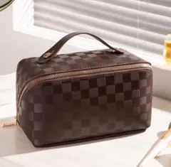 化粧ポーチ 格子柄 大容量 コスメポーチ メイクボックス バニティ ブラウン 茶