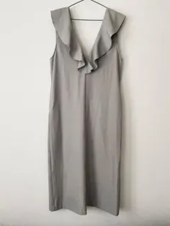 グレー　Ｍサイズ　フリル付き ノースリーブワンピース　レイヤード　ポケット付き
