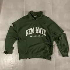 ボロスウェット　ダメージ加工　ハーフジップ　緑　刺繍　常田大希　秋冬　レトロ