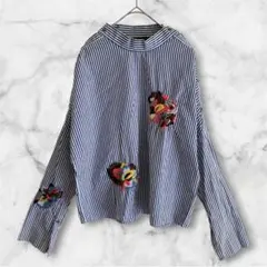 ザラ トラフィック　刺繍ブラウス ストライプ柄　長袖シャツ　花柄　S ブルーのサムネイル