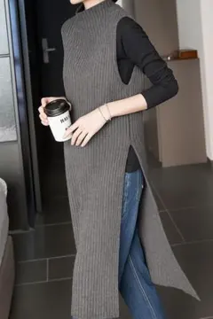 未使用 スリット入り ロングニットベスト XL ビスコース100％