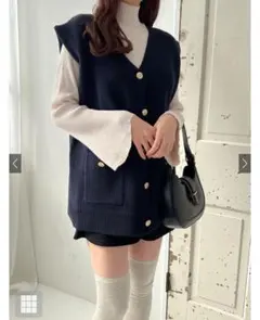 ネイビー リブ編み ニットベスト GRL グレイル kz469 ゴールドボタン