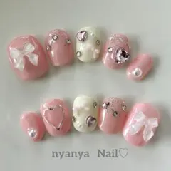 お色変更＆サイズ変更無料♪ ベリーショート　クリアリボンのキラキラピンクネイル♡