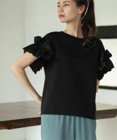 オペークドットクリップ/異素材フリルカットソー シルク調コットン100％ M
