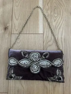 ビーズ刺繍 紫色 ベルベット パーティーバッグ
