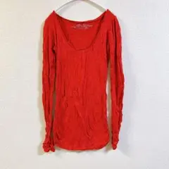 赤い長袖トップス 【M】クランプ加工 ロングTシャツ レディース レッド