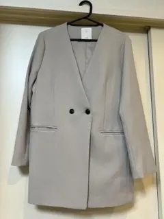 VIS ノーカラーダブルボタンジャケット グレー