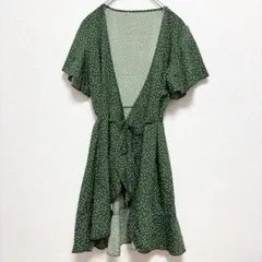 シーイン ドット柄 ラップワンピース Ｖネック 半袖 フレア Ｌ 緑 二次会