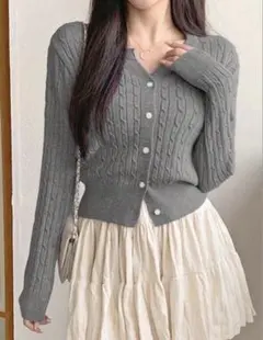 SHEIN シーイン　長袖ニットカーディガン　グレー　ボタン　韓国　Mサイズ