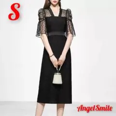 ★Sサイズ ドットデザイン シースルー フリル ブラック ワンピース 結婚式