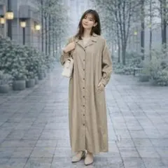 COLZA コルザ シャツワンピース ロング丈 L ベージュ 長袖 ゆったり